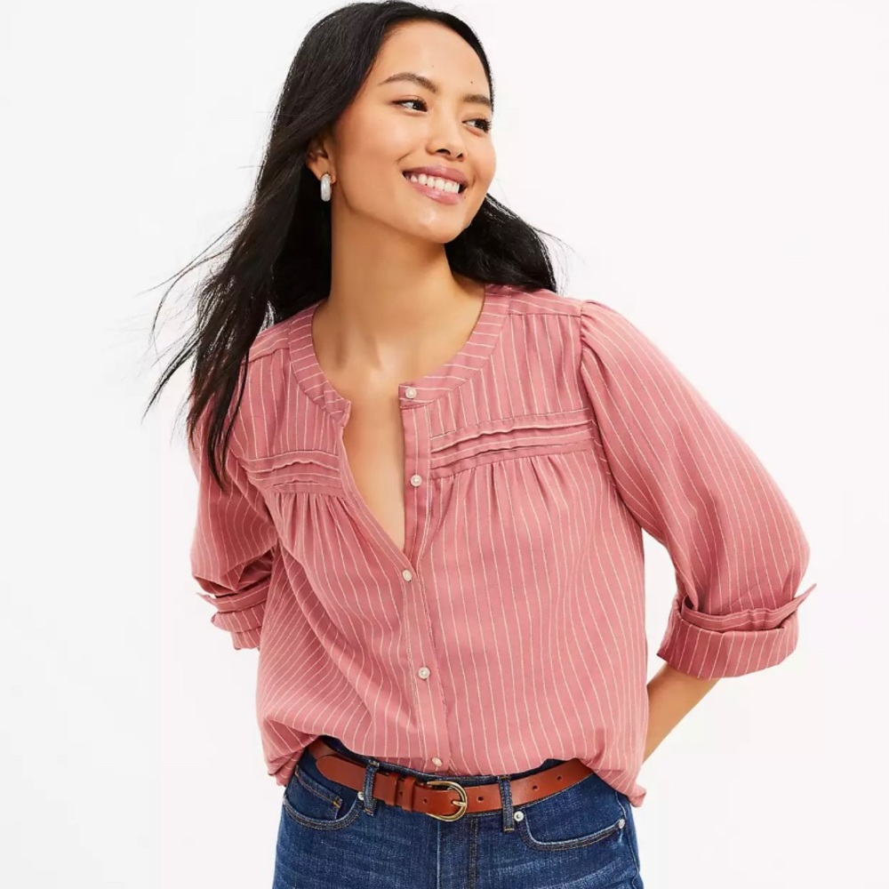 LOFT, Only worn once, Striped Pleated Blouse, Size L. Smoke free home.